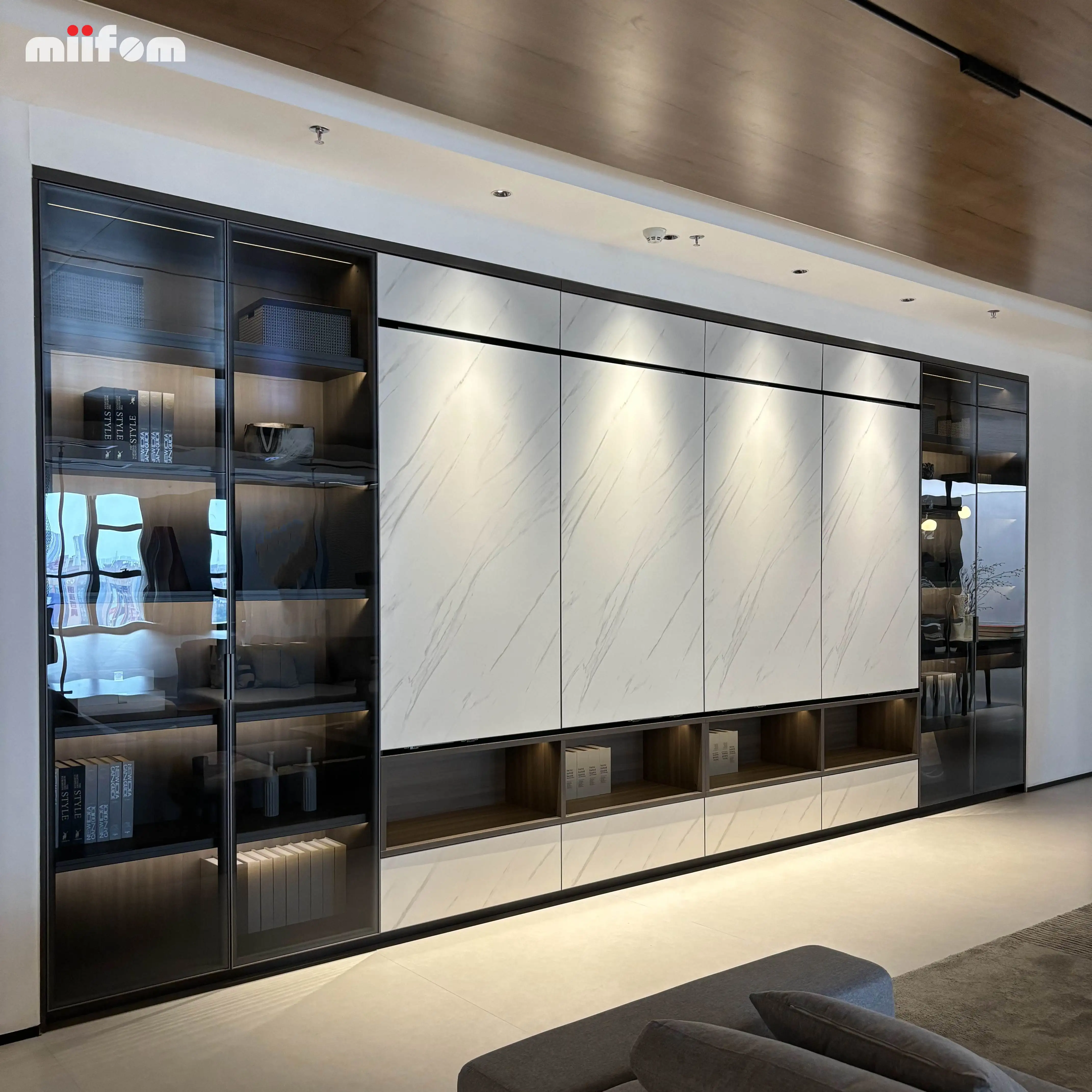 wave white slate door panel full wall TV cabinet with glass displayed cabinet and open area