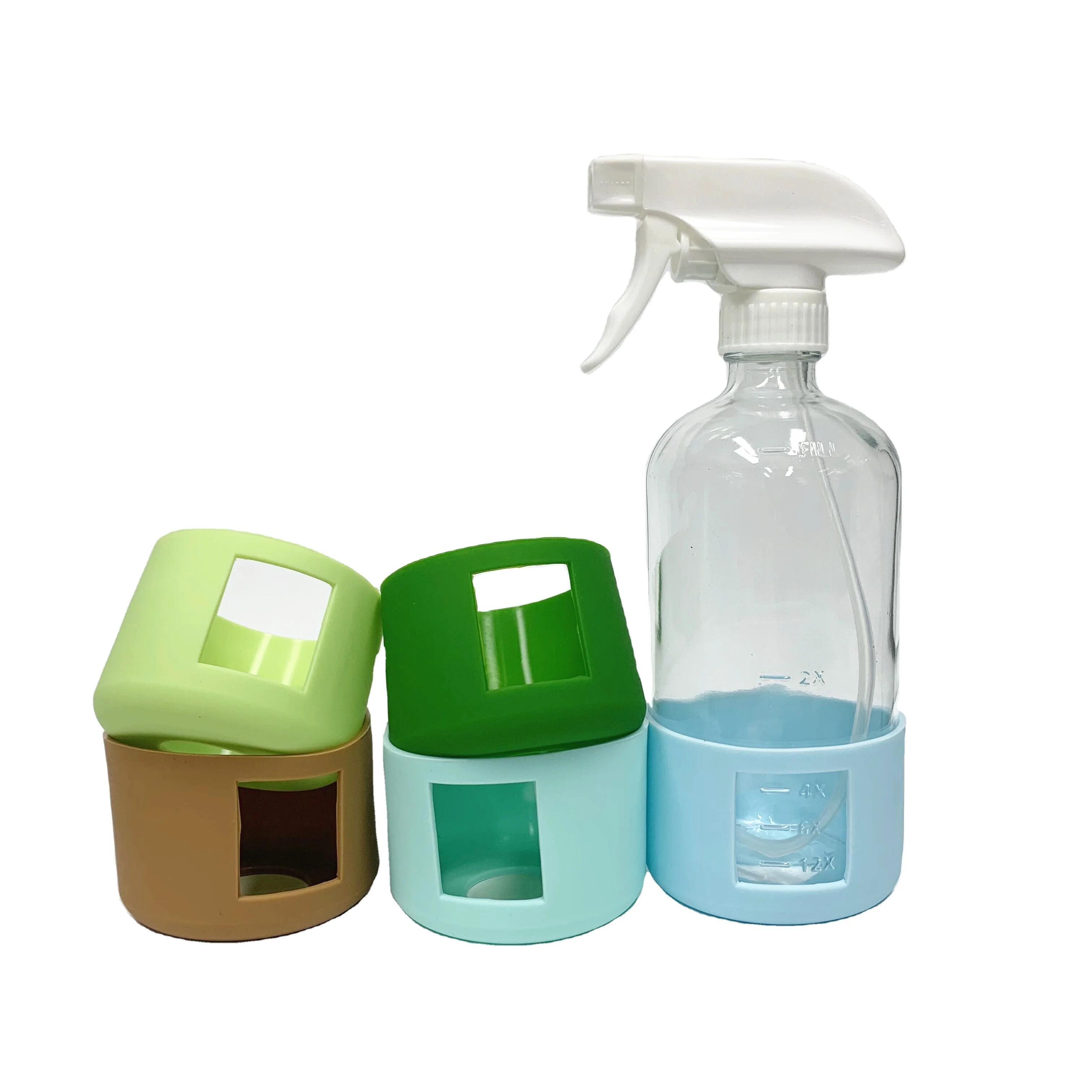 16oz spray glass bottle with scale tick marks and white trigger sprayer and protective silicone sleeve cover
