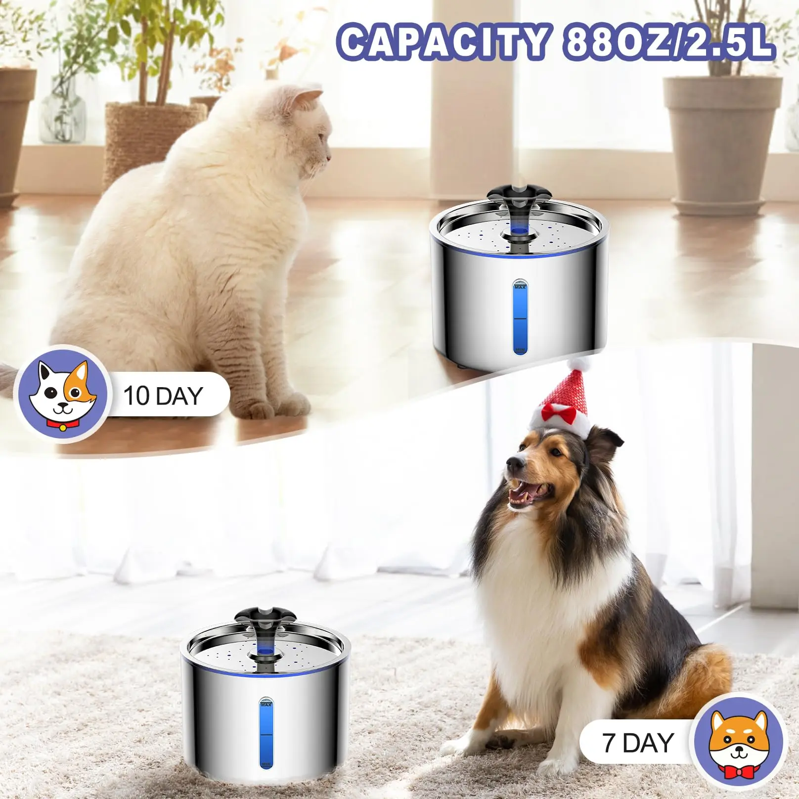 84oz/2.5L Stainless Steel Automatic Cat Water Fountain Auto Power-off Fountain with LED Light Non-slip Mat Dog Water Dispenser
