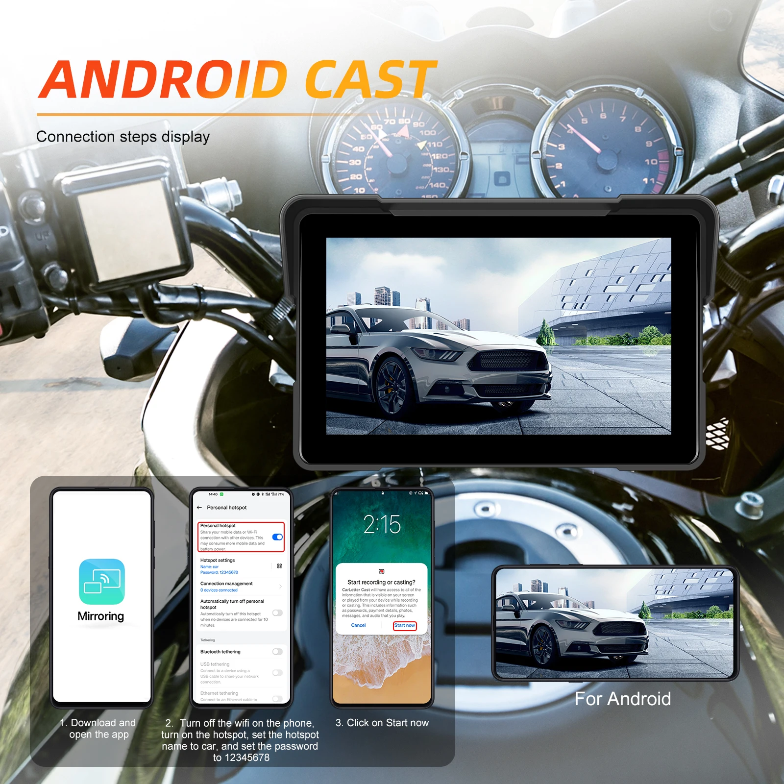 Podofo 7 Inch Motorcycle Portable Wireless Carplay /Android Auto Monitor IP67 Waterproof  Support Airplay Android cast BT