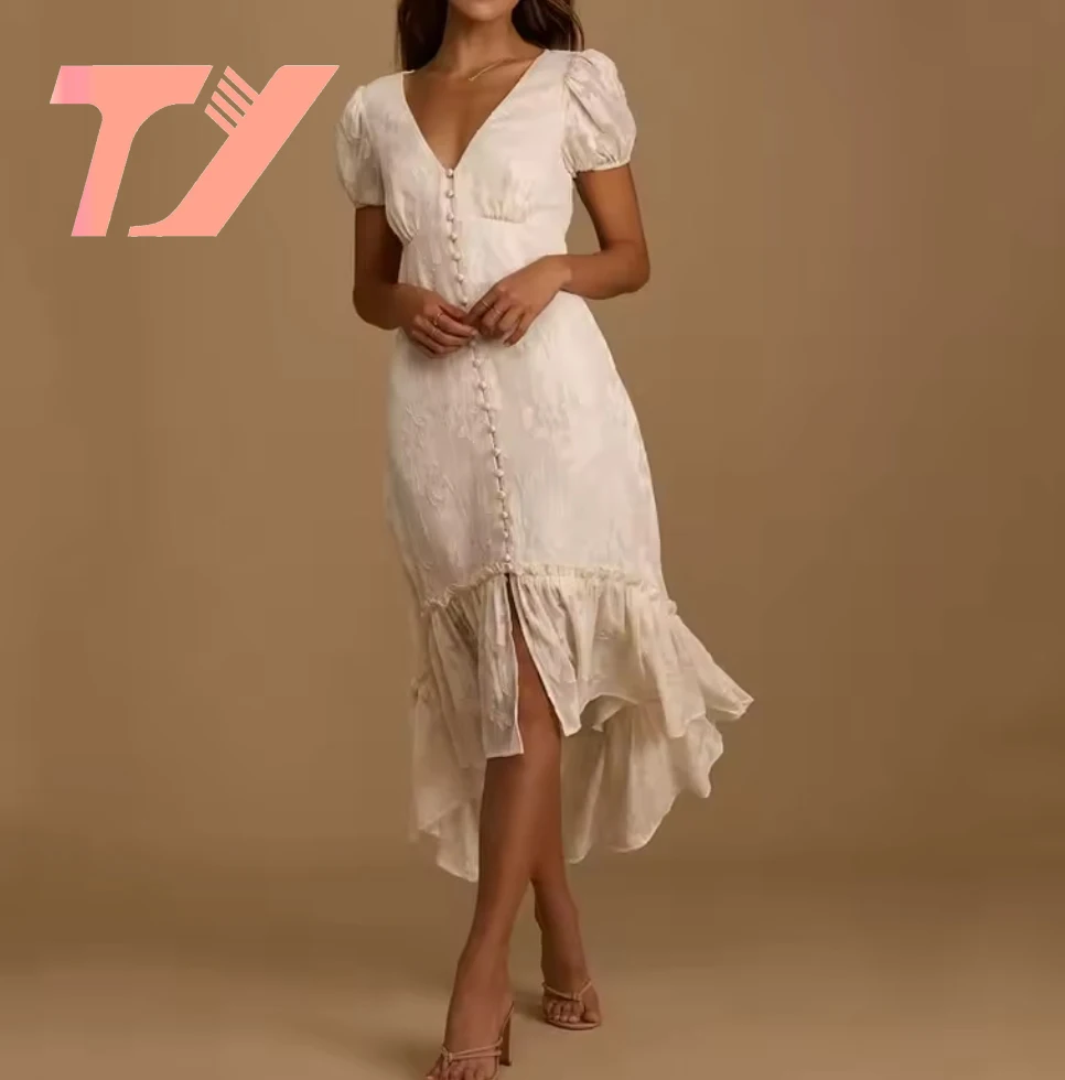 TUOYI Summer Retro Skirt Bottom Lace Design Solid Color Puff Sleeve Midi Dress Floral Print Feminine Sexy V-Neck