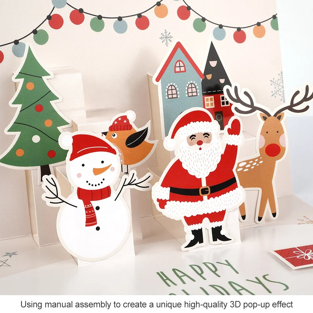 Santa Claus Pop-up Card Wholesale Custom Print Recycled Paper Luxury Handmade 3D Pop Up Holiday Merry Christmas Greeting Cards