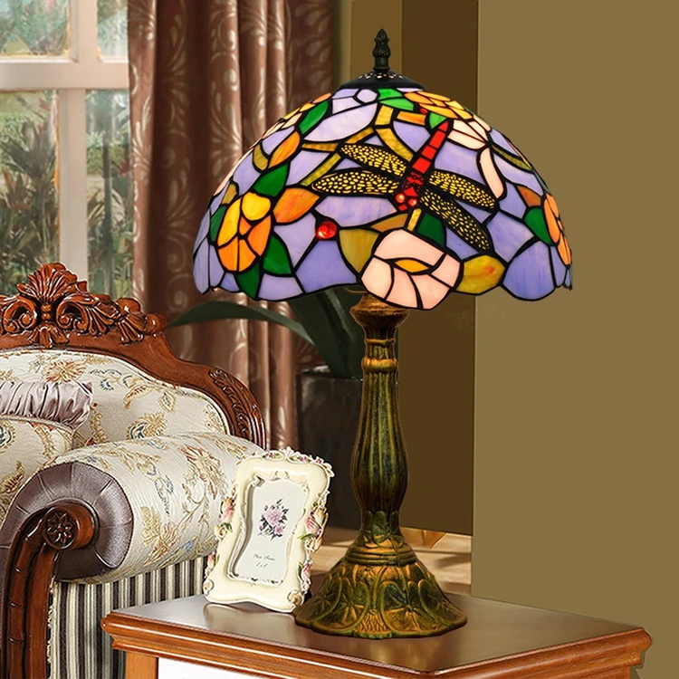 12 inch European style Blue dragonfly lotus Art Table Lamp Tiffany Stained Glass Retro Bar Dining Room Bedroom Bedside Lamp