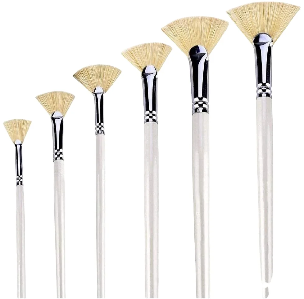 6 Pieces Fan Brushes Set Fan Shape Pig Bristle Hair Paint Handle Oil Paint Brush Watercolor Brush Artists Professional