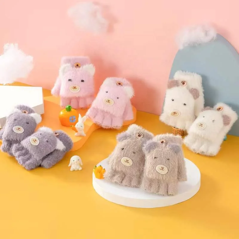 Зимняя детская одежда с изображением мишки трикотажные перчатки с пальцами, приятные на ощупь варежки для мальчиков и девочек, теплые мягкие носки с открытыми пальцами белые детские перчатки От 1 до 3 лет