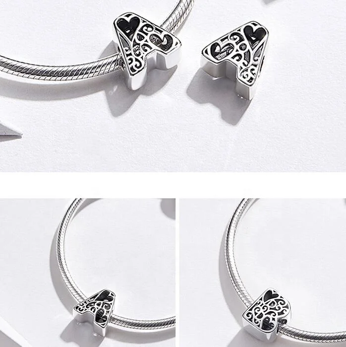 Wholesale Letter Alphabet Metal Beads for Silver 925 Bracelet Heart Pattern sterling silver bulk charms for jewelry making