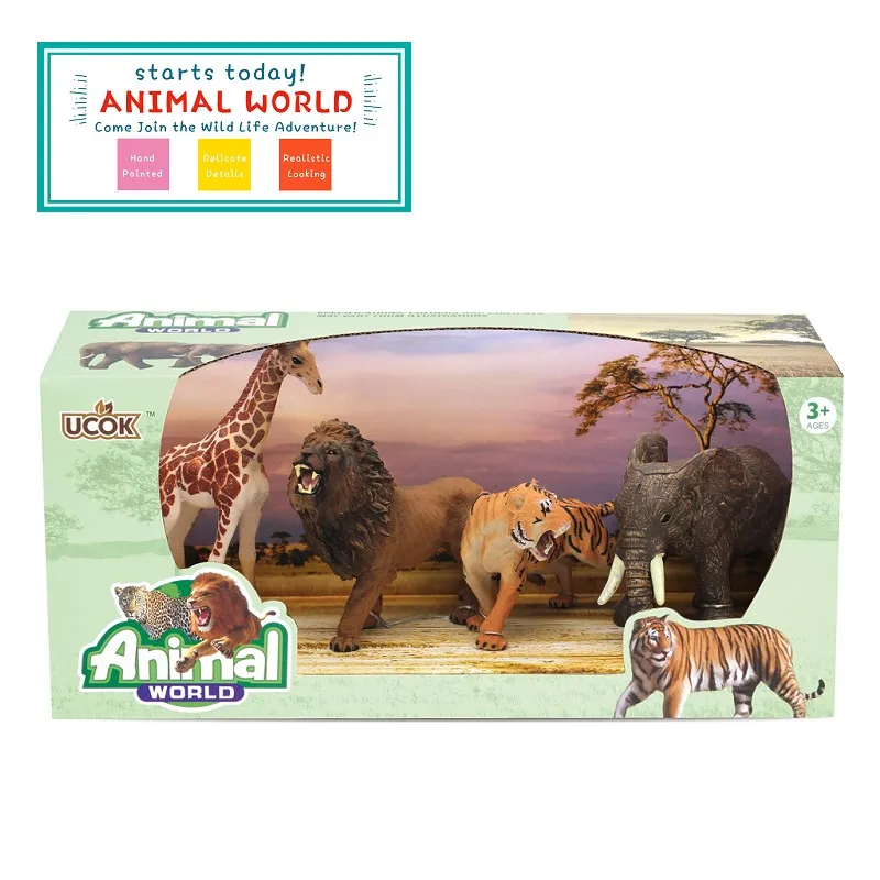 giraffe, Lion, Tiger, Elephant, 4-pieces Animal Figurines in Decorative Box as a Play Scene