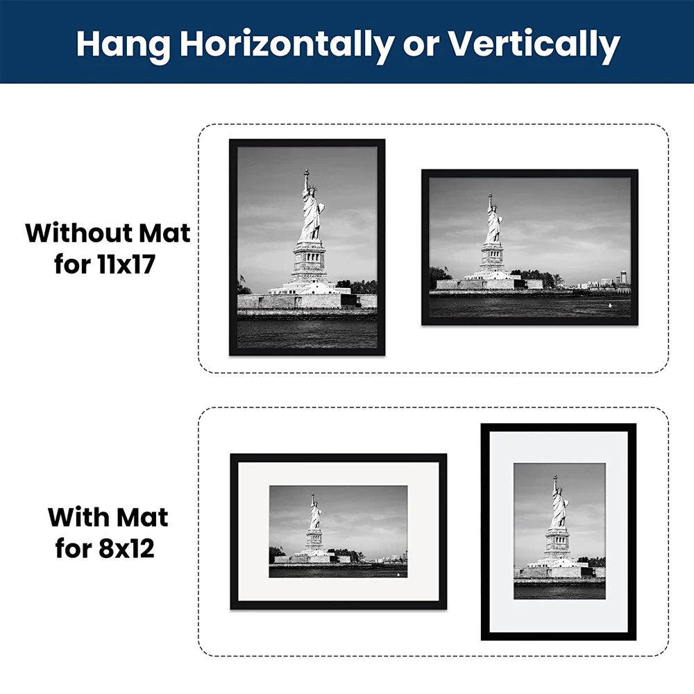 11x17 Frames Picture Black Poster Frame Display 8x12 with Mat or 11x17 Without Mat