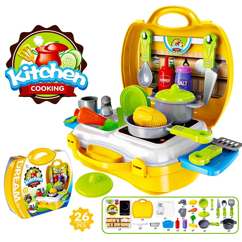 Girls 26PCS Plastic Kitchen Cooking Toys Set With Yellow Handbag (62344742448)