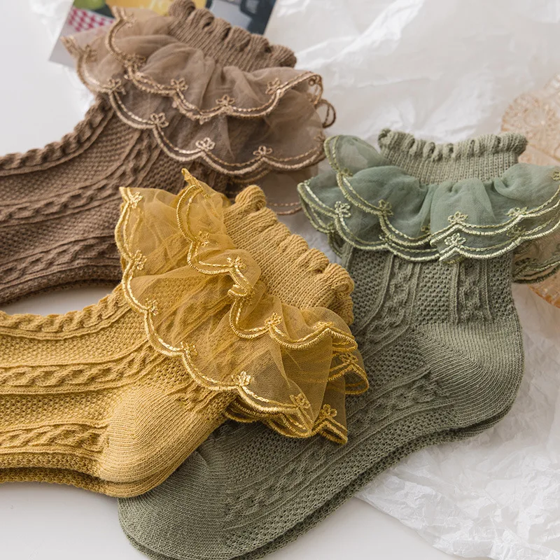 Q30901  2 Layer Princess Socking Baby Girls Double Layer Lace Frilly  Bowknot Ruffle trim Socks  Teen girls Socks