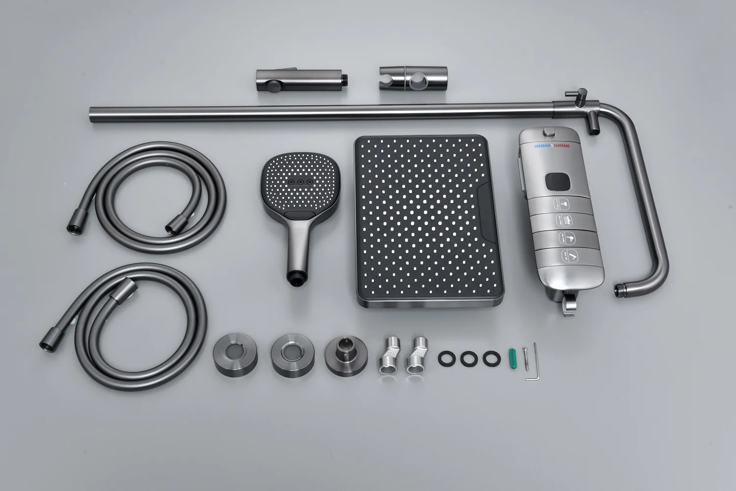 Hot sales piano style new design push button control 4 functions gun metal grey shower set with temperature show