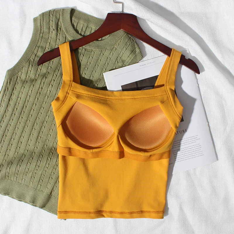 Slim strap integrated bra with thin top, inner layer with chest pad, square collar, outer wearing vest