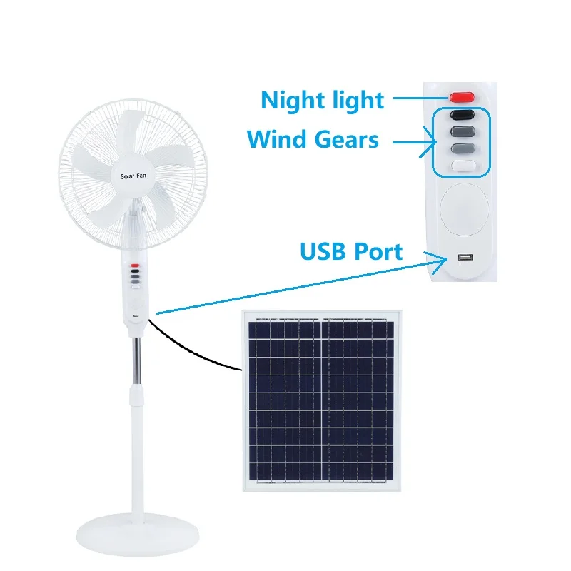 16 Inch Solar Fan Solar Powered AC DC Rechargeable Fan Price Cheap Stand Solar Fan with Solar Panel and LED Light
