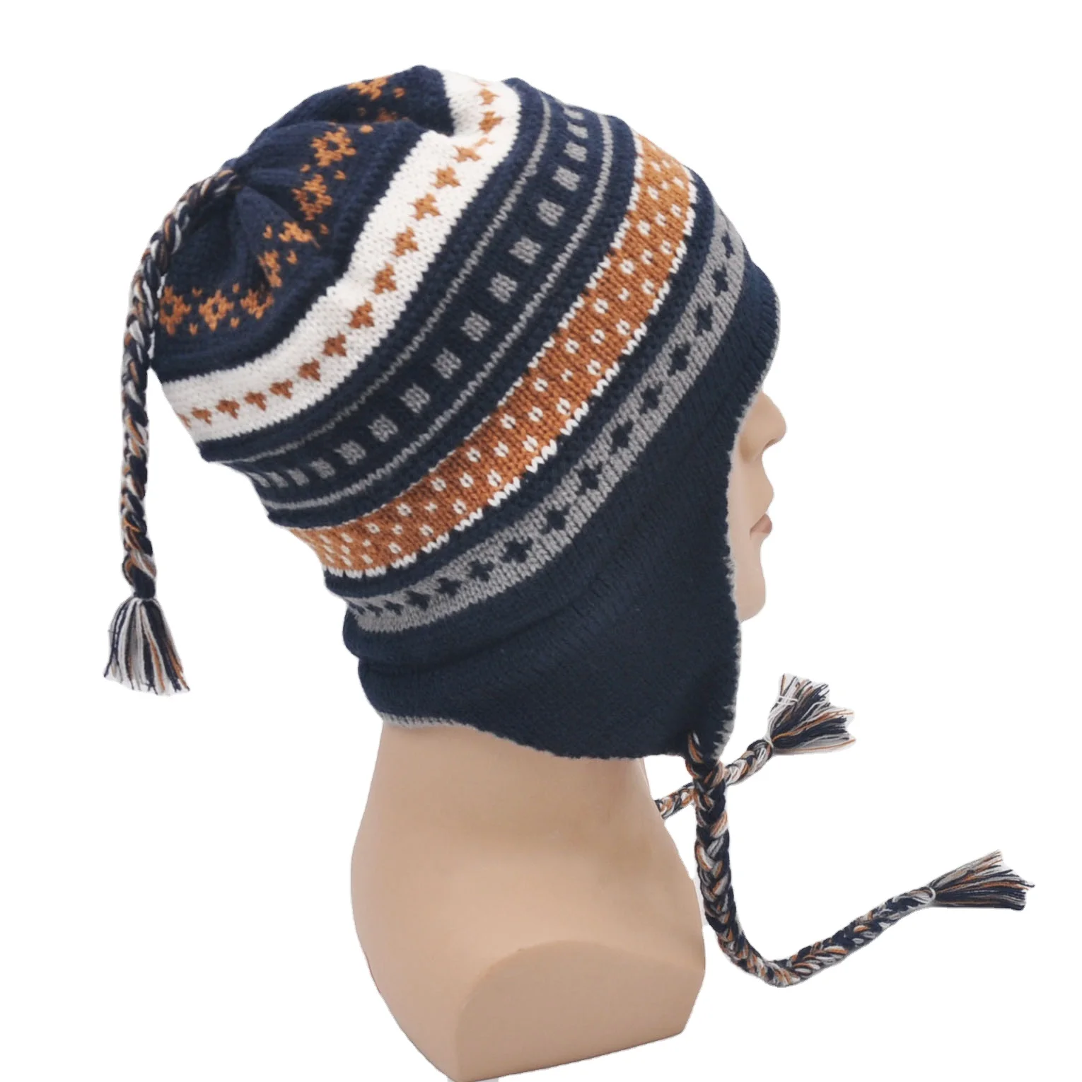 Custom Keep Warm Lady Winter Cute Adult Ear Flap Hat  Knitted Hat Beanie Men Jacquard Hat