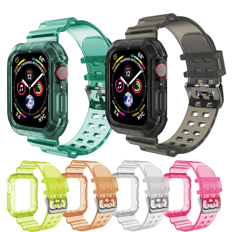 Silicone Crystal Clear Jelly Sports Wristband for Apple Watch Band Series 7 6 SE 5 4 3 2 Bracelet Replacement Strap for iWatch