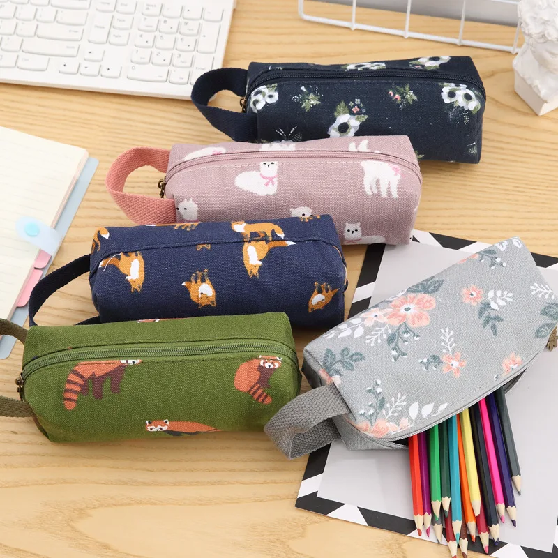 Large Big capacity canvas fabric trendy cartoon printing student school portable pencil case bag with zipper