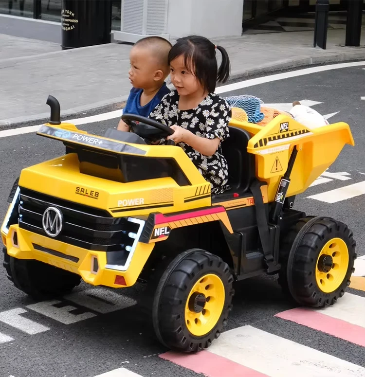 Free Shipping 12V Four-Wheel Drive Electric Truck Kids Ride-On Car Tipping Bucket Two Seats Battery Operated Plastic Material