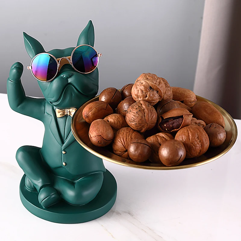 Cool Dog statue with tray French Bulldog Piggy bank Figurine Candy Fruit Plate Home Decoration Table Living Room Decor Money Box