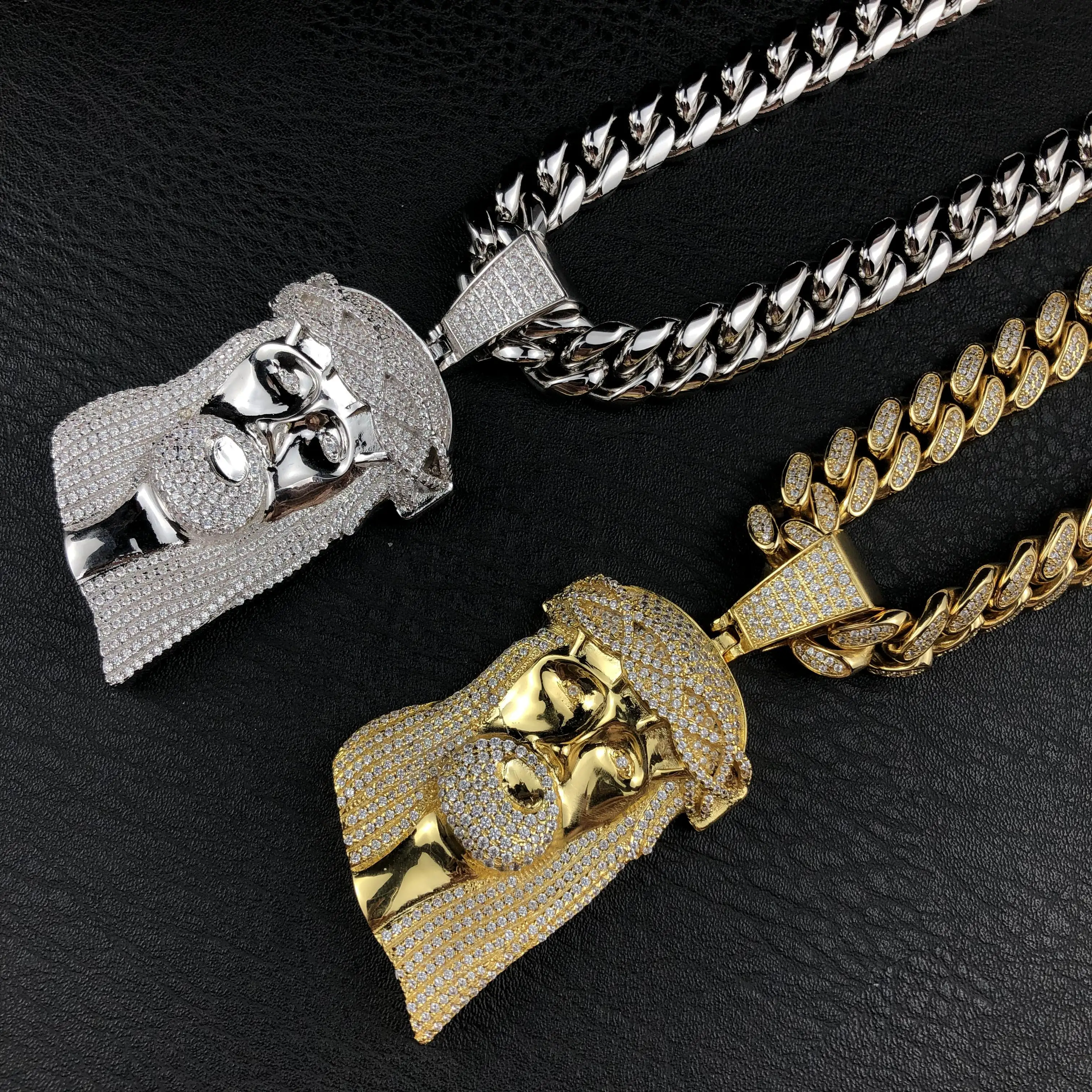 Vintage avatar pendant full of zircon, tall pendant accessory, Jesus pendant