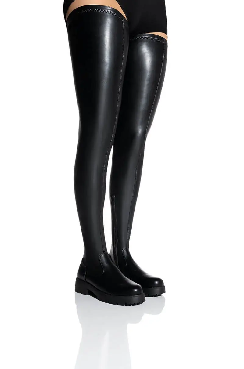 Big Size Women Flat form Boot With 4 Way Stretch Belt Ladies Thigh High Shaft Boots