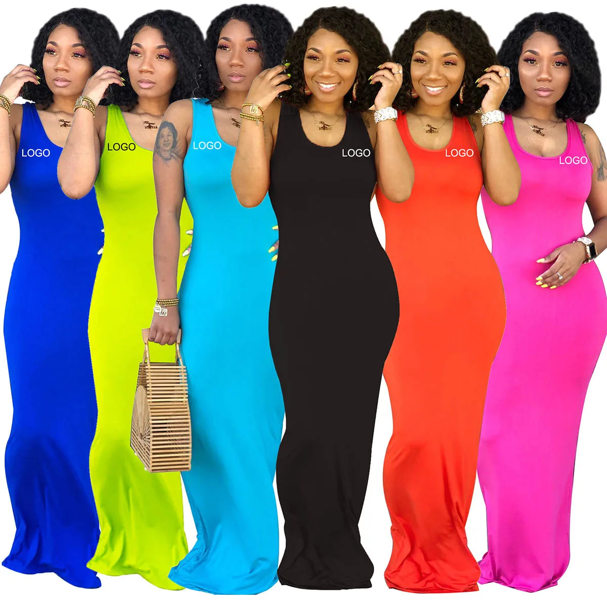 custom summer U neck bodycon long maxi silk dress plus size sleeveless plain simple pencil dresses casual jersey dress women