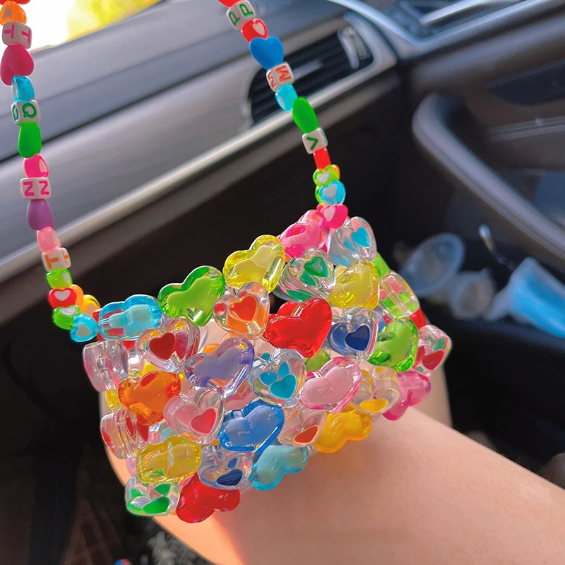 Summer ladies love fairy hand-woven silicone PVC handbag shoulder diy material underarm purse jelly heart shape beaded beach bag
