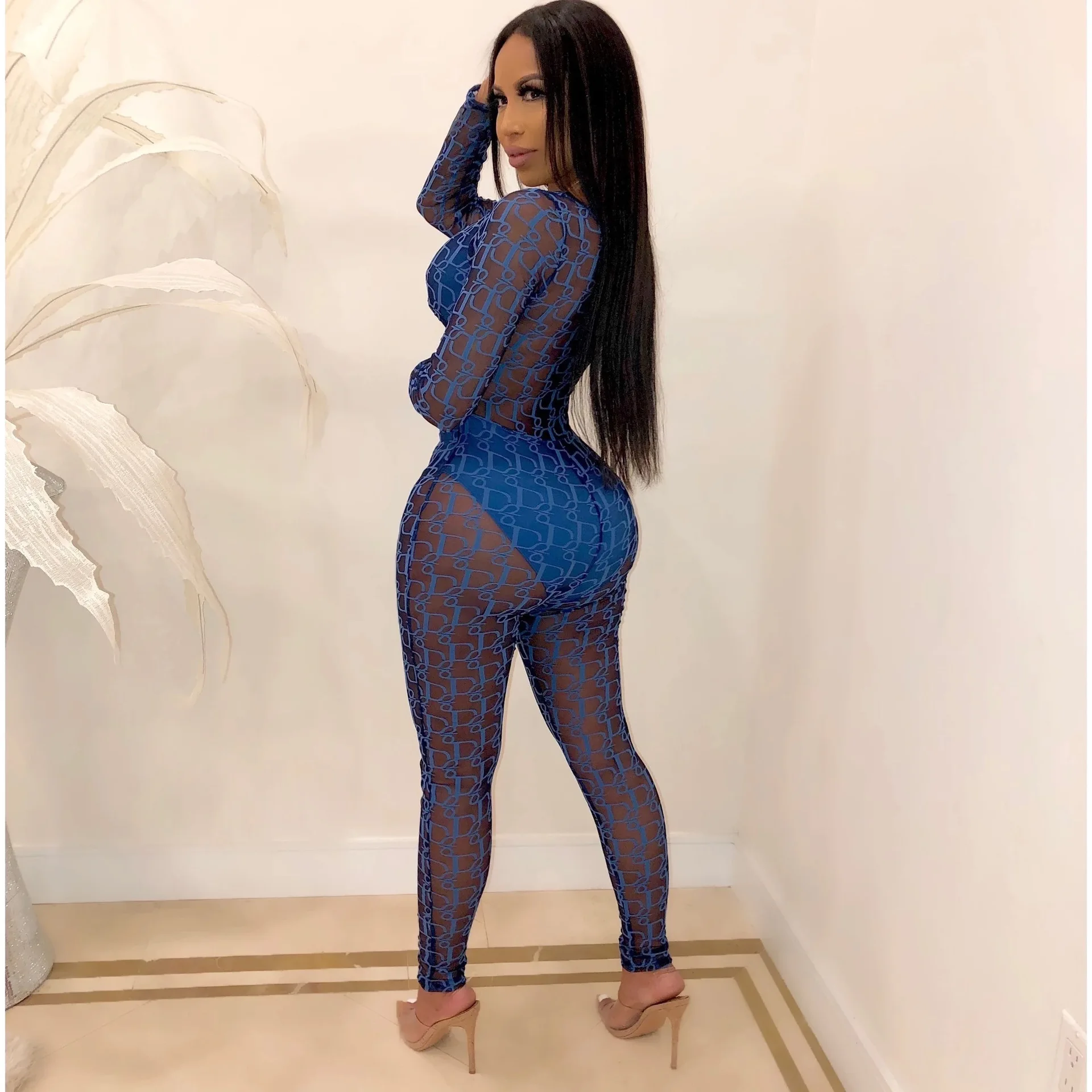 B91236 2019Women fashion sexy letter  printing jumpsuit long sleeve women bodycon jumpsuit pencil pants mesh sexy women jumpsuit