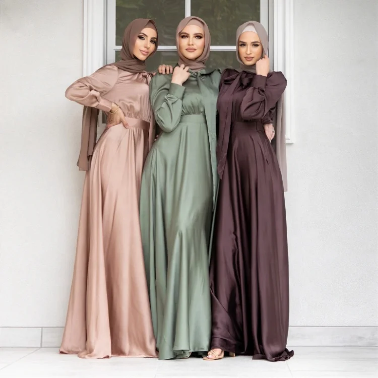 Wholesale Gorgeous Satin Long Maxi Dress Women Islamic Modest Khimar Hijab Abaya Casual Muslim Floral Long Sleeves XL Polyester