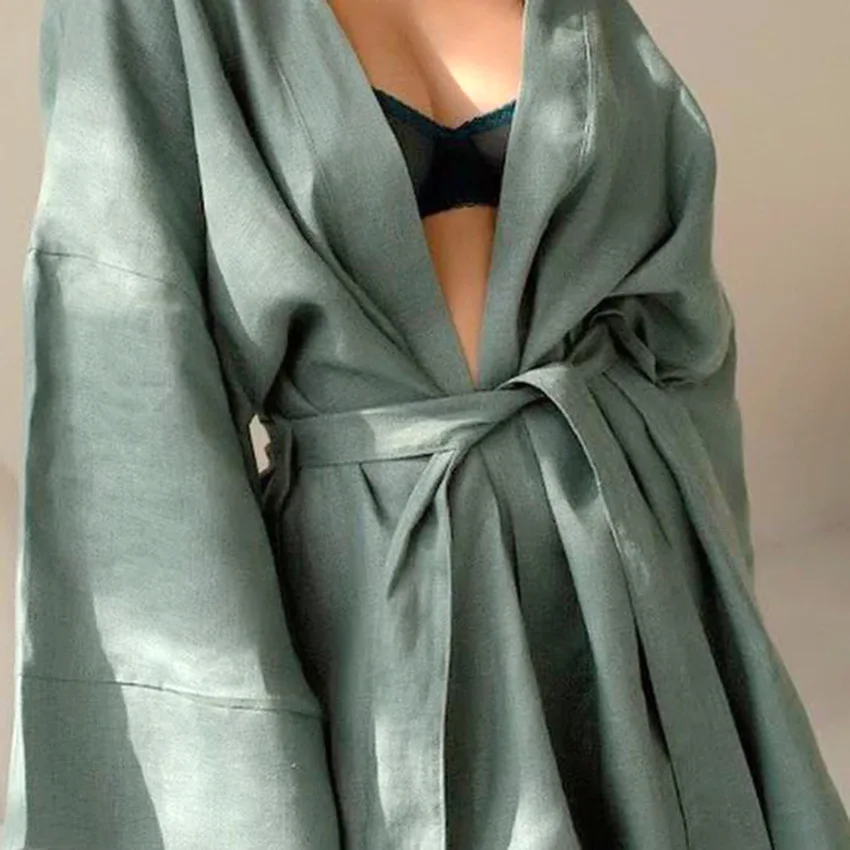 High Quality Comfortable Cotton Bathrobes Lounge Wear Flax Long Sleeve Soft Bamboo Green Kimono Robes