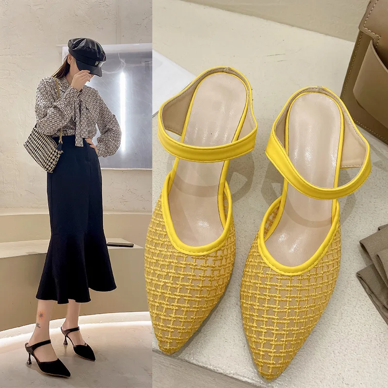 2022 new design summer Korean women mesh breathable thin-heeled slip-on cool fashion high-heeled slippers