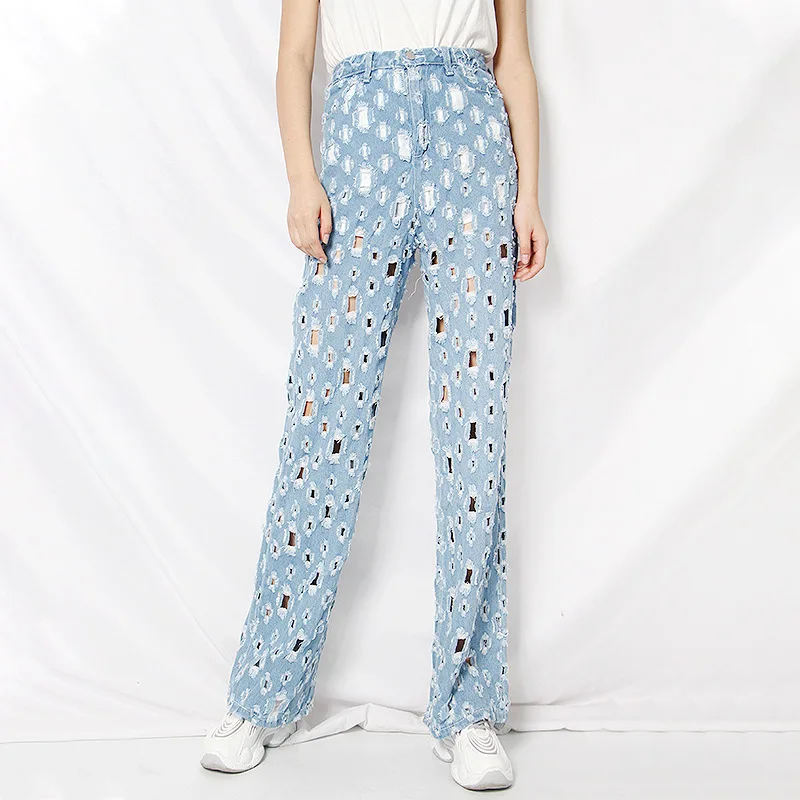 2022 Spring New Retro Old Hollowed out Washed Loose Denim Women Wide Leg Pants Wholesale Jean for Girls Ripped Jeans