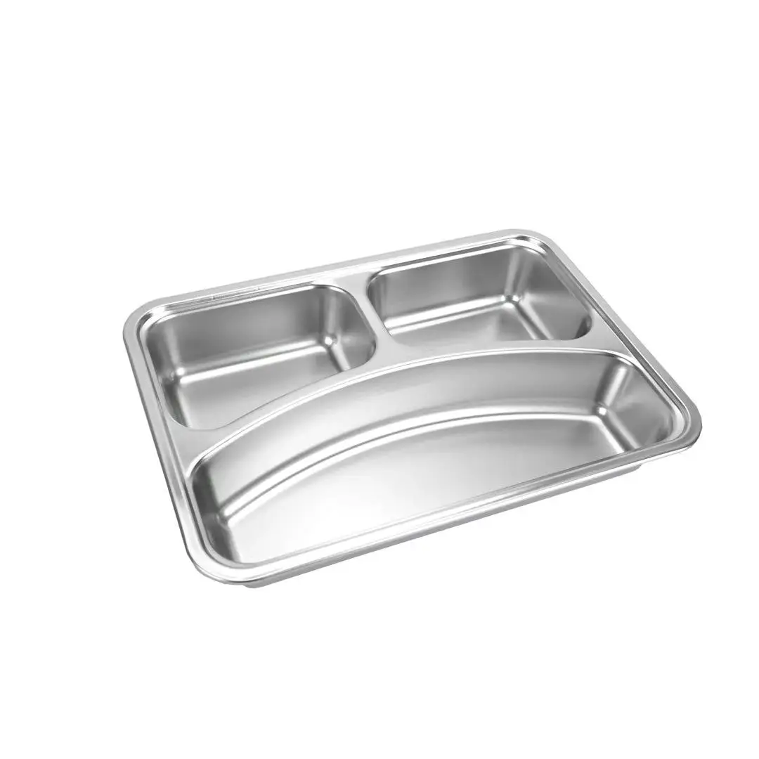 Hot sale serving dinner set metal stainless steel compartment plates 5 compartment food tray with PP lid