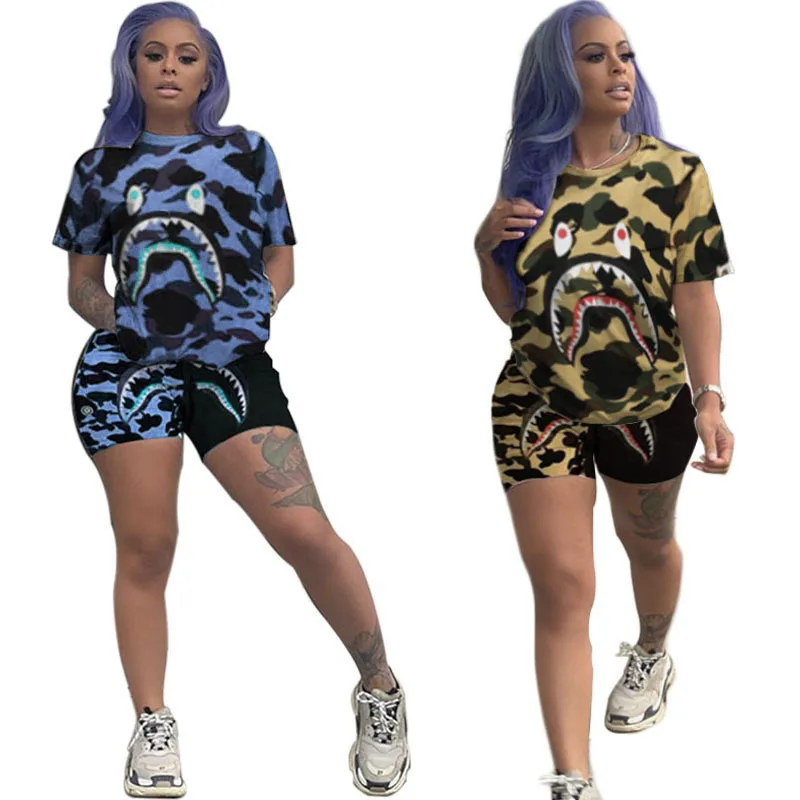 Лидер продаж, женские комплекты из двух предметов, камуфляжные шорты с акулами, модные спортивные повседневные комплекты из двух предметов