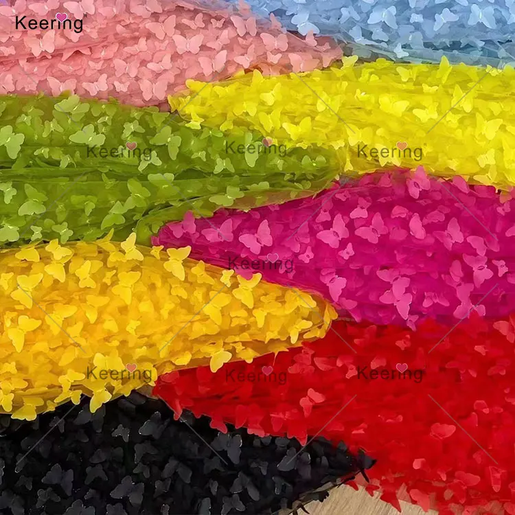 Keering China Wholesale Flower Embroidered Lace Butterfly Tulle 3D Air Mesh Fabric For Wedding Dresses