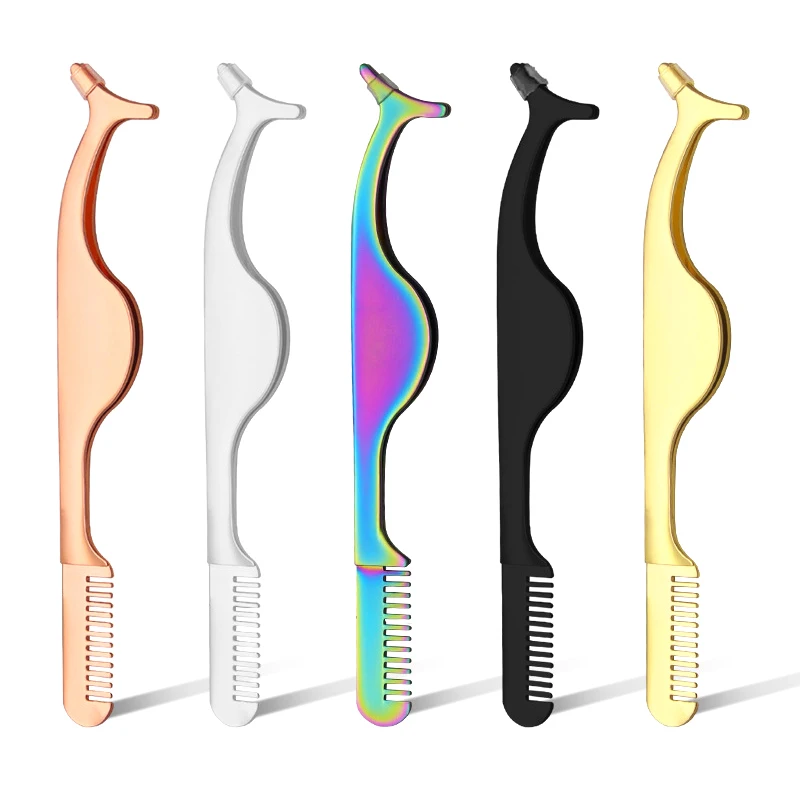 Professional stainless steel black gold eyelash applicator false eyelash tweezers custom eyelash tweezers with comb