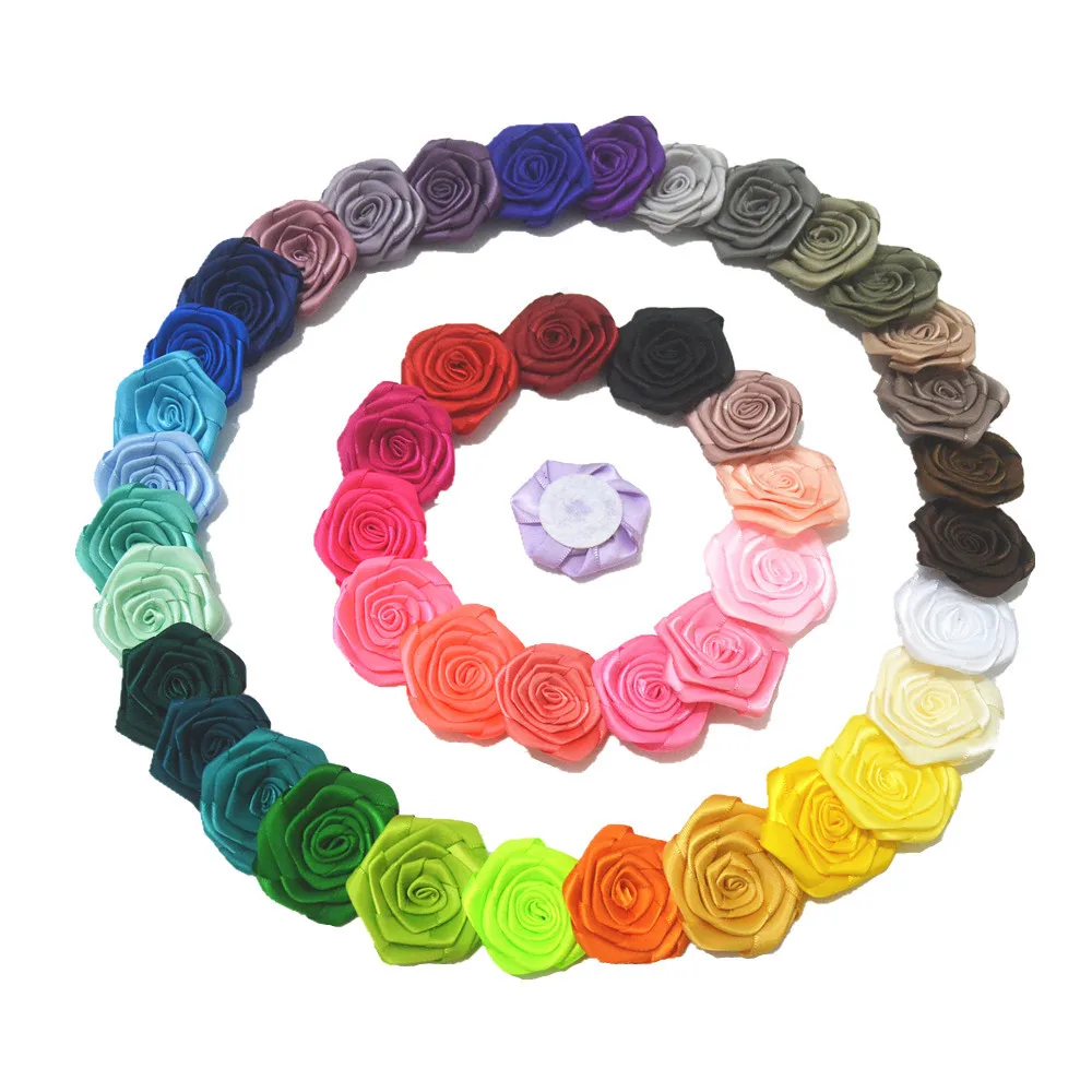 4.5cm Rose Flower Mini Satin Ribbon Baby Satin Rolled Ribbon Rose Flowers Fabric Rosettes Flower hair accessories CH401