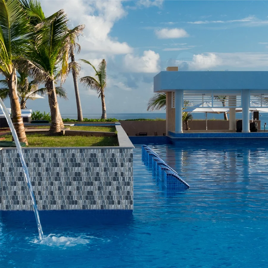 Bluwhale Tile Backsplash Pool Waterline Blue Pearl White Matte Rectangle Iridescent Glass Moasic Tile For Swimming Pool