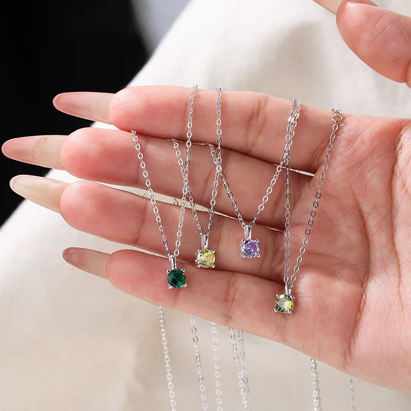 925 Sterling Silver 12 Colors Summer Fine Jewelry Personalized Zircon Birthstone Pendant Necklace Women