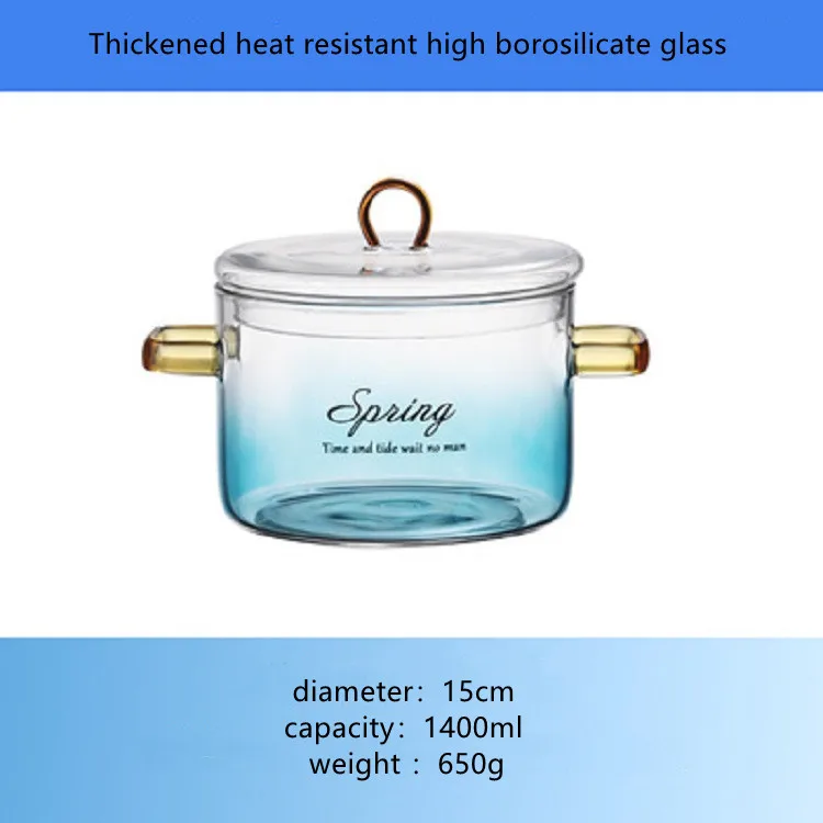 Aeofa High Borosilicate Glass Blue Gradient Two-eared Home Soup Pot Salad Bowl Electric Cooker Heat Stew Pot