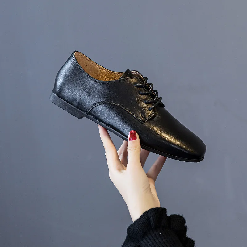 New Products All Season Formal Single Shoe Head Layer Cowhide Flat Lace-Up Office Shoes Commuter Nurse Shoes