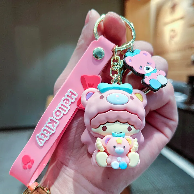 3D PVC Cartoon Kuromi With Bear Figure Cute Car Keyrings Pendant Toys Wholesale Melody Anime Hanging Rubber Ornaments Keychains