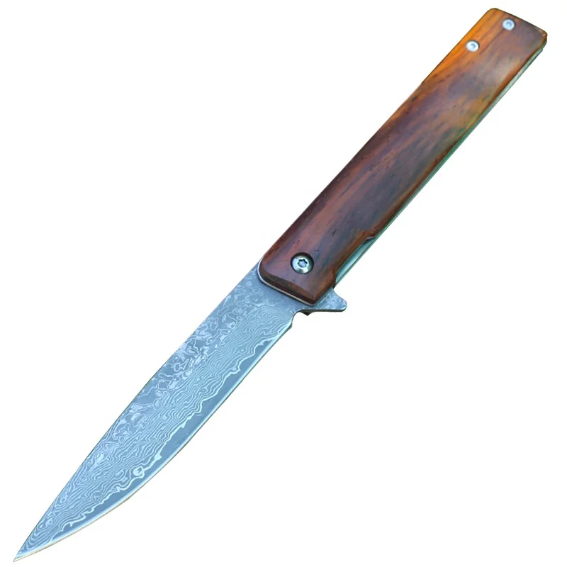 
Damascus stainless steel hunting pocket knife with stainless steel and wood 