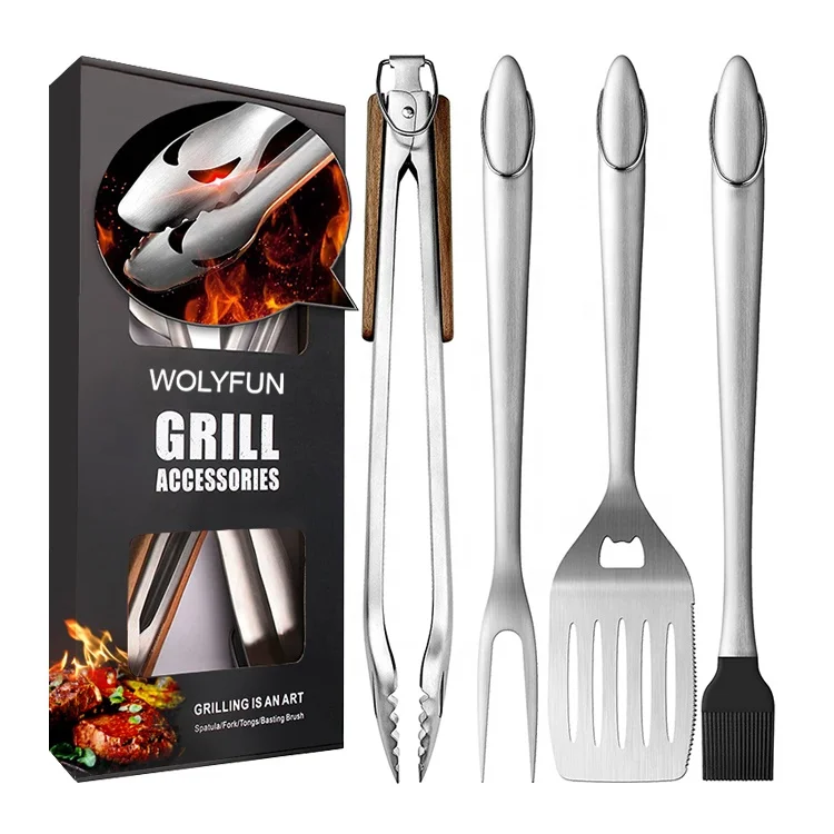 Heavy Duty BBQ Accessories BBQ Tongs Tool Set 4Pcs  Stainless Steel Grill Tools Set For Backyard Restaurant Outdoor Kitchen