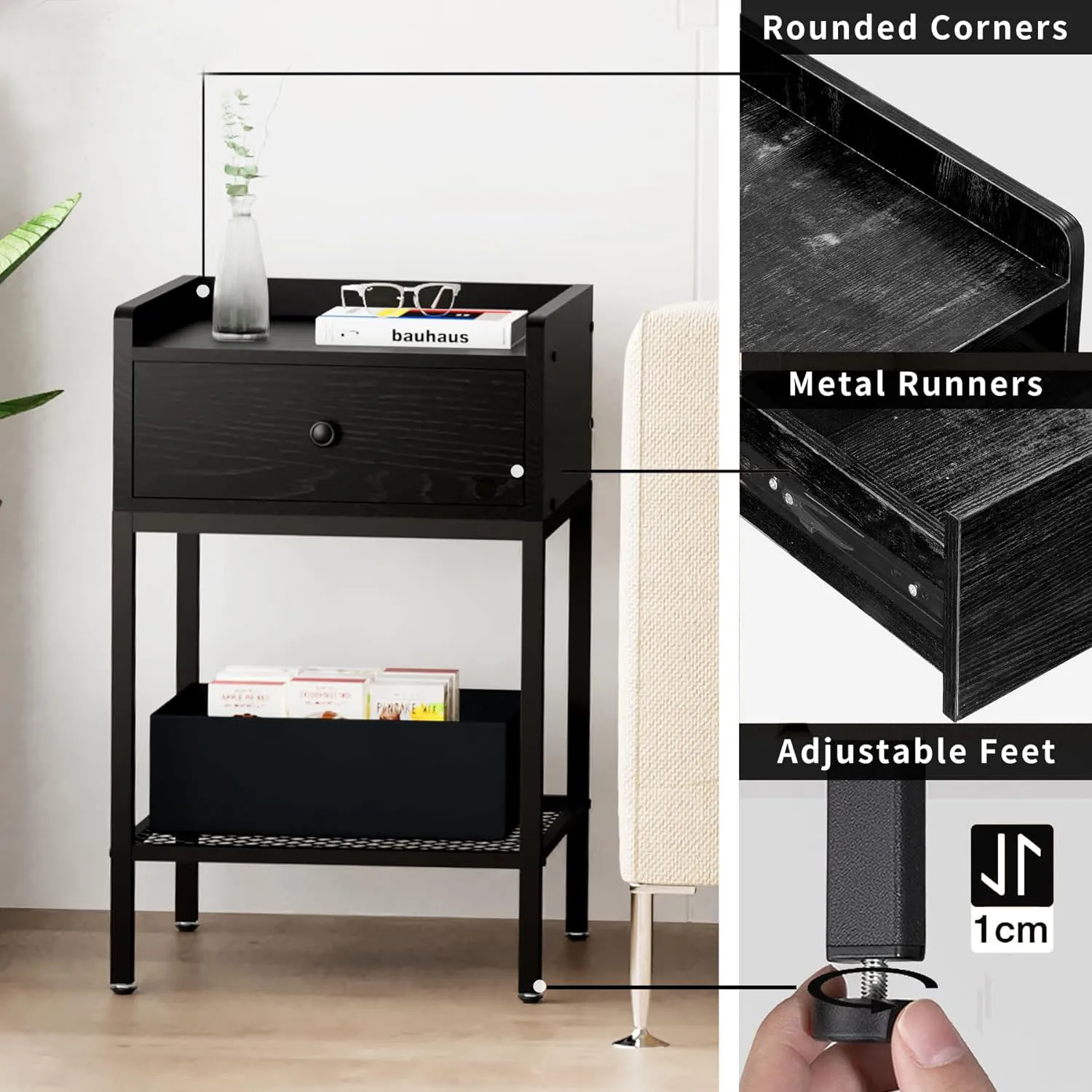 Modern 2-Tier Side Table with Drawer Bedside Table Night Stand Storage Shelf with Metal Frame for Bedroom, Living Room