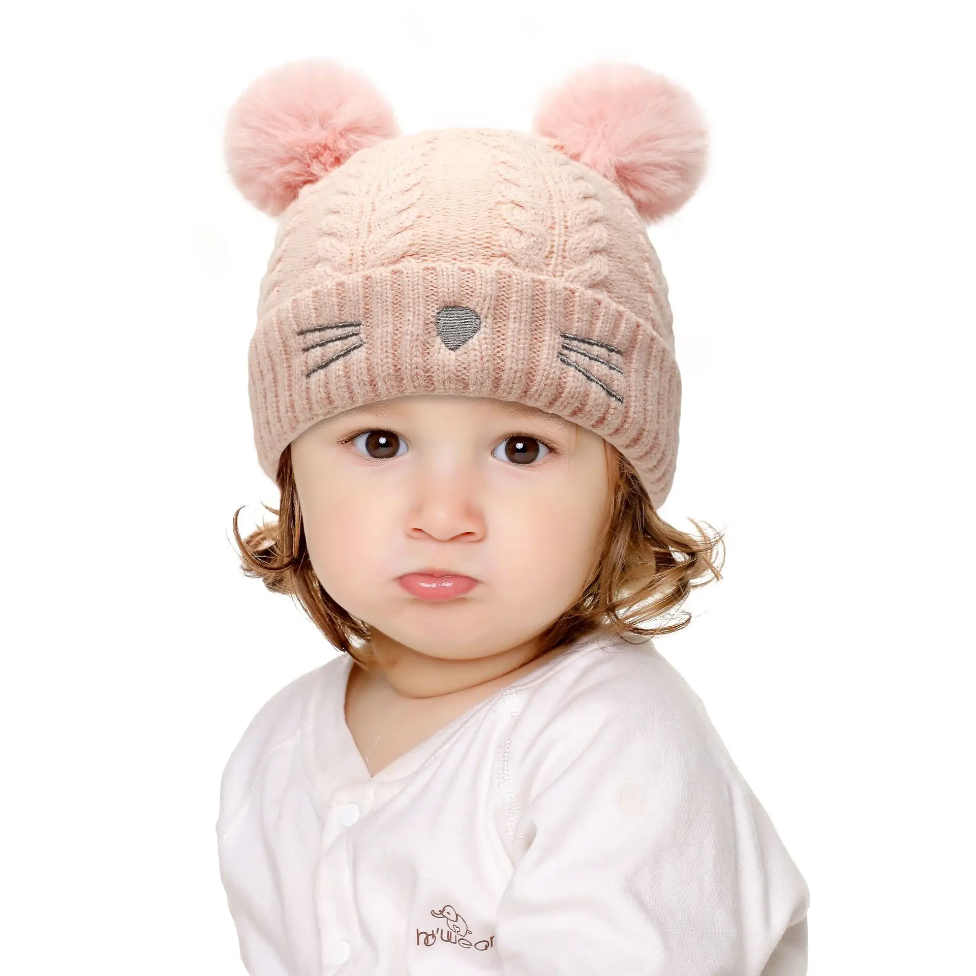 2022 New cute design winter baby hat cat design knitted pompom kids beanie hat