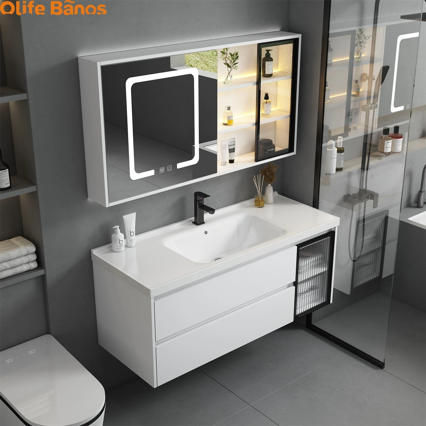 Solid Wood Boards Modern Smart Home Improvement Furniture Bathroom Fixture Bathroom Cabinets Bathroom Vanities Cabinet With Sink
