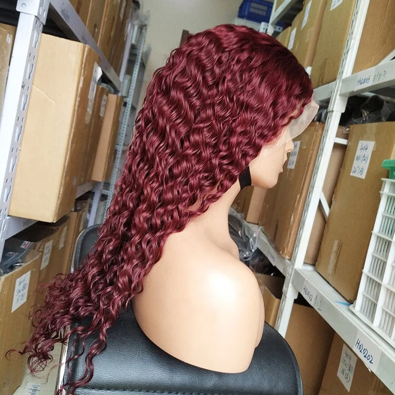 30 40 inch Deep wave 99j Burgundy  13x4 13x6 brazilian raw indian human hair Transparent ha lace front wigs for black women