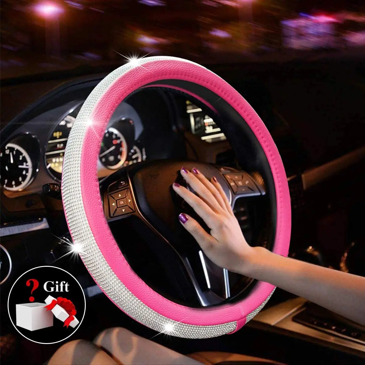 
car accessories universal Pink lovely girly rhinestones leather steering wheel cover 