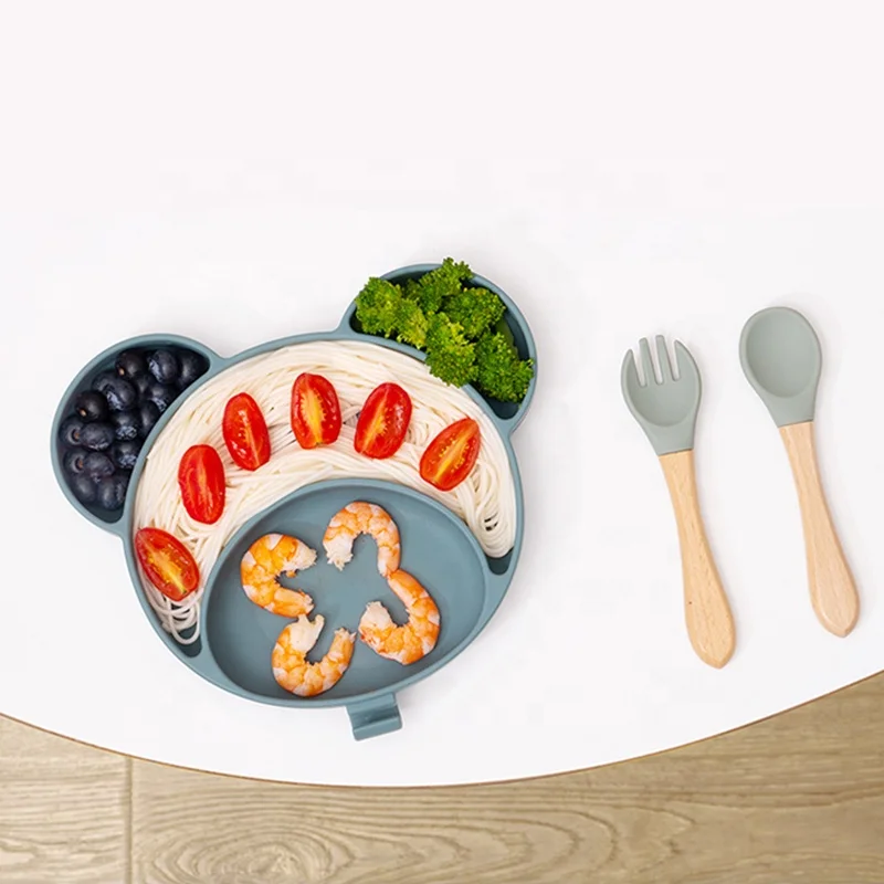 Personalize Non Smell No Spill Unbreakable Microwave Safe Divided Blue Color Kids Bear Dining Suction Plates Silicone Baby Plate