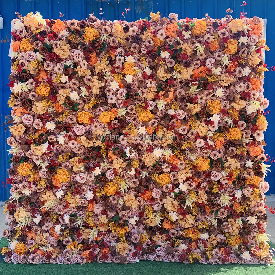 Custom 8 ft by 8ft 10 ft artificial silk rose cloth flower wall backdrop wedding decorations fake autumn fall roll up flowerwall